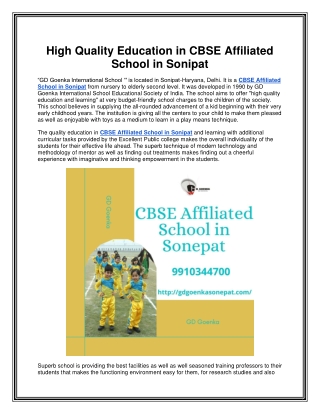 High Quality Education in CBSE Affiliated School in Sonipat