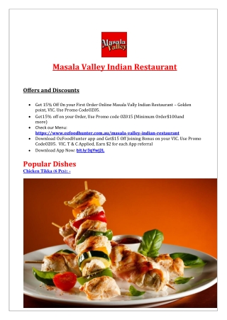 15%Off - Masala Valley Indian Restaurant Golden Point Menu - Takeaway Ballarat,