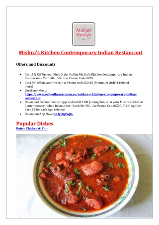 15% Off - Mishra's Kitchen Contemporary Indian Restaurant, VIC