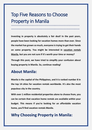 Top Five Reasons to Choose Property in Manila