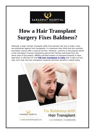 How a Hair Transplant Surgery Fixes Baldness?