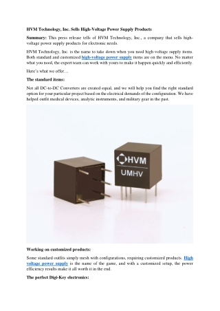 HVM Technology, Inc. Sells High-Voltage Power Supply Products
