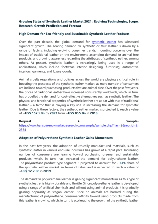 Growing Status of Synthetic Leather Market 2021 : Evolving Technologies, Scope,