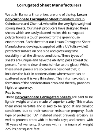 Lexan Polycarbonate corrugated sheet in Bangalore