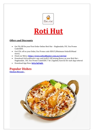 5% off - Roti Hut Indian food Restaurant Menu Hughesdale, VIC