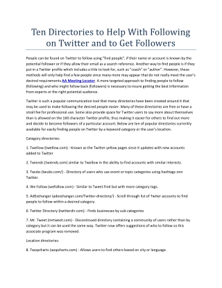 Ten Directories to Help With Following on Twitter and to Get Followers