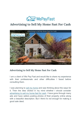 Advertising to Sell My Home Fast For Cash