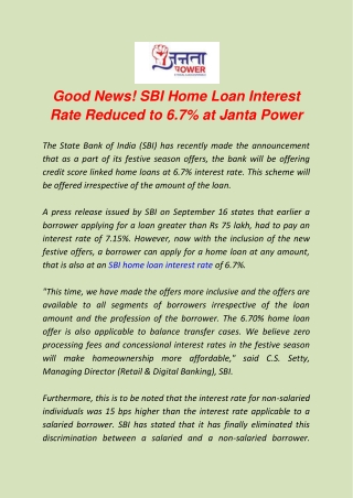 Good News! SBI Home Loan Interest Rate Reduced to 6.7% at Janta Power