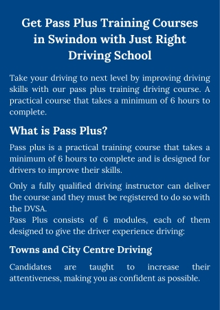 Get Pass Plus Training Courses in Swindon With Just Right Driving School