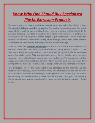 Know Why One Should Buy Specialised Plastic Extrusion Products