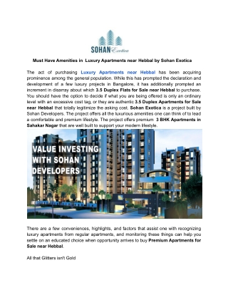 Must have Amenities in  Luxury Apartments near Hebbal by Sohan Exotica
