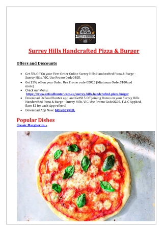 5% off - Surrey Hills Handcrafted Pizza & Burger Menu, VIC