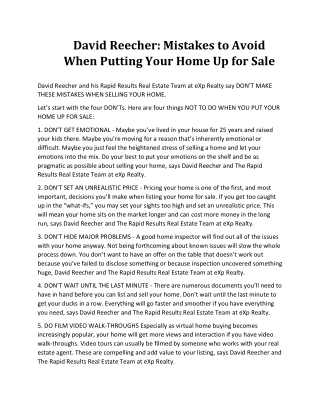 David Reecher Mistakes to Avoid When Putting Your Home Up for Sale