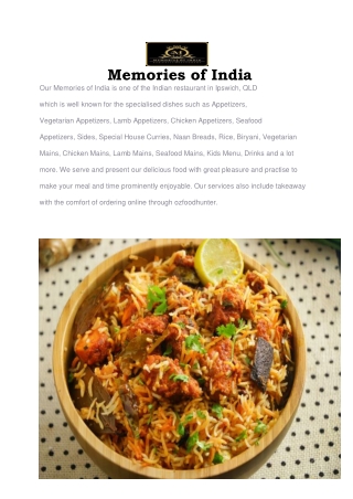5% Off - Memories of India Takeaway Menu Ipswich, QLD