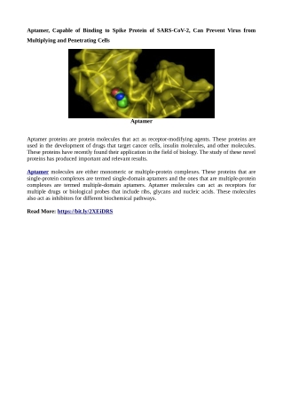 Aptamer, Capable of Binding to Spike Protein of SARS-CoV-2, Can Prevent Virus from Multiplying and Penetrating Cells