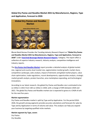 Global Dry Pastas and Noodles Market Research Report 2021-2026