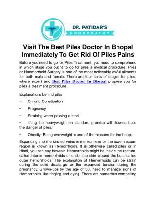 Visit The Best Piles Doctor In Bhopal Immediately To Get Rid Of Piles Pains