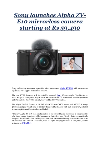 Sony launches Alpha ZV-E10 mirrorless camera starting at Rs 59,490