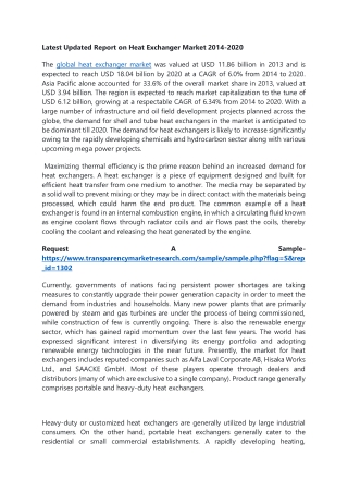 Latest Updated Report on Heat Exchanger Market 2014-2020