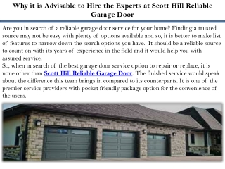 Why it is Advisable to Hire the Experts at Scott Hill Reliable Garage Door