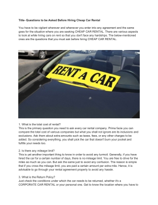 Questions to be Asked Before Hiring Cheap Car Rental