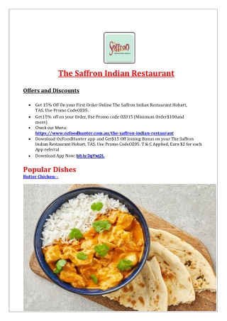 15% Off - The Saffron Indian Restaurant Menu Hobart, TAS