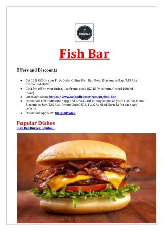 10% Off - Fish Bar Menu - Burgers Takeaway, Blackmans Bay, TAS