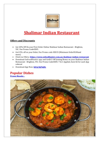 20% Off - Shalimar Indian Restaurant Menu Brighton, VIC