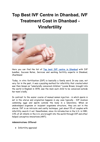 Top Best IVF Centre in Dhanbad, IVF Treatment Cost in Dhanbad - Vinsfertility