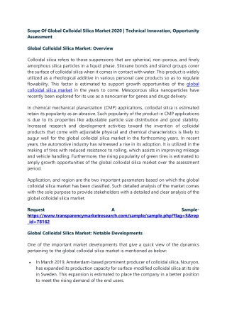 Scope Of Global Colloidal Silica Market 2020 | Technical Innovation, Opportunity