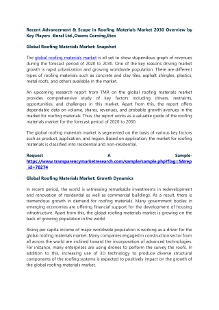 Recent Advancement & Scope in Roofing Materials Market 2030 Overview by Key Play