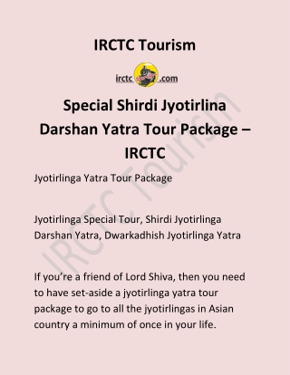 Special Shirdi Jyotirlina Darshan Yatra Tour Package - IRCTC