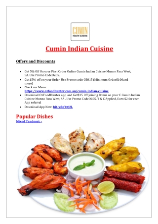 5% off - Cumin Indian Cuisine Munno Para West Menu, SA