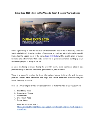 Dubai Expo 2020 : How to Use Video to Reach & Inspire Your Audience