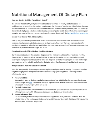 Nutritional Management Of Dietary Plan