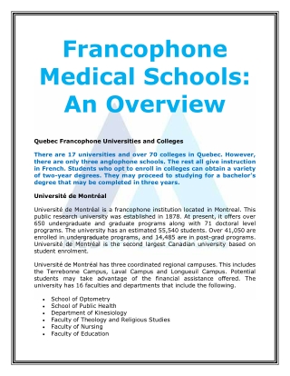 Francophone Medical Schools: An Overview