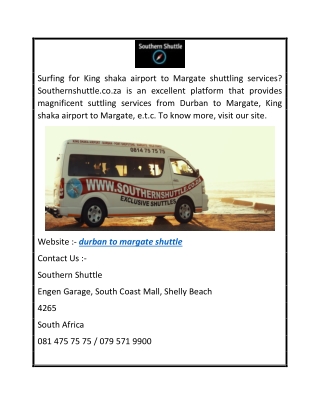 Durban to Margate Shuttle  Southernshuttle.co.za