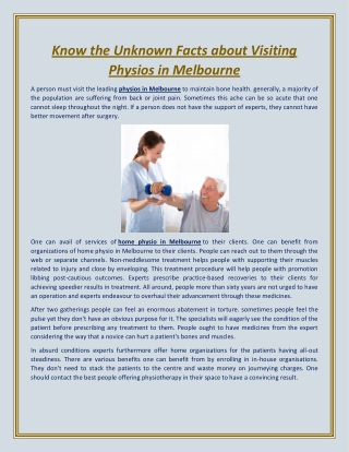 Know the Unknown Facts about Visiting Physios in Melbourne