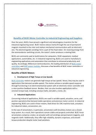 Benefits of BLDC Motor Controller to Industrial Engineering and Suppliers