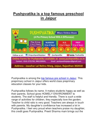 Pushpvatika is a top famous preschool in Jaipur