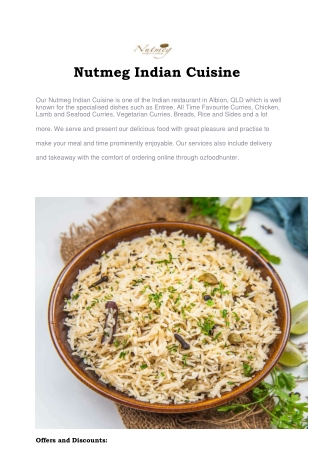 5% Off - Nutmeg Indian Restaurant Delivery Albion, QLD