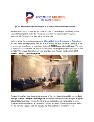Tips for Affordable Interior Designers in Bangalore by Premier Abodes