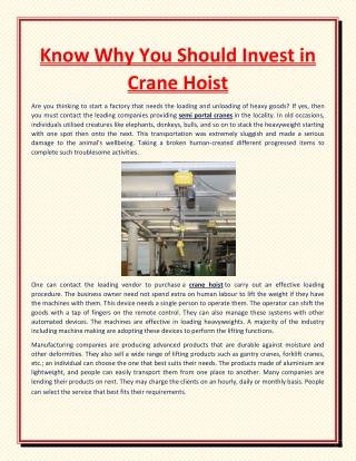 Know Why You Should Invest in Crane Hoist