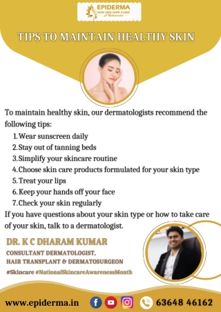 Tips to maintain healthy skin - Best Dermatology Centres in Bangalore - Epiderma