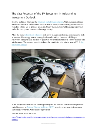 The Vast Potential of the EV Ecosystem in India and Its Investment Outlook