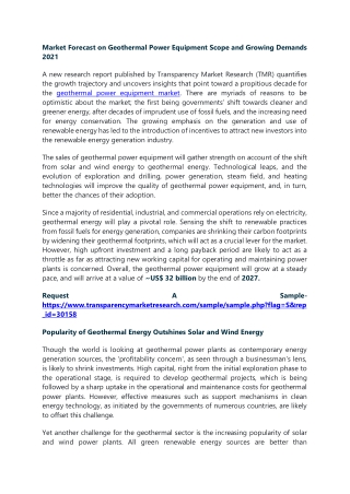Market Forecast on Geothermal Power Equipment Scope and Growing Demands 2021