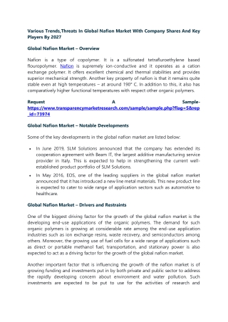 Various Trends,Threats In Global Nafion Market With Company Shares And Key Playe
