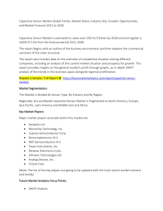 Capacitive Sensor Market Global Trends, Market Share, Industry Size, Growth, Opportunities and Market Forecast 2021 to 2