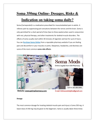 Soma 350mg Online - Dosages, Risks & Indication on taking soma daily?