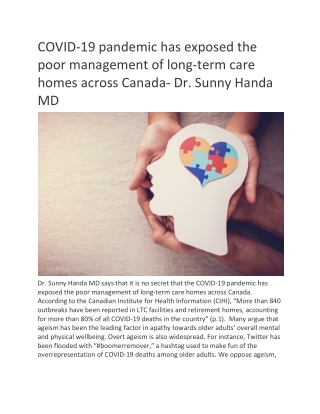COVID-19 pandemic has exposed the poor management of long-term care homes across Canada- Dr. Sunny Handa MD